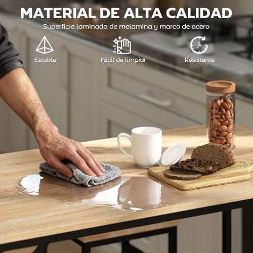 HOMCOM Juego de Mesa y Taburetes de Bar, Mesa Alta de Cocina con 4 Taburetes Industrial, con Reposapiés, Ahorro de Espacio, para Espacios Reducidos, Comedor, Salón, Roble - imagen 6