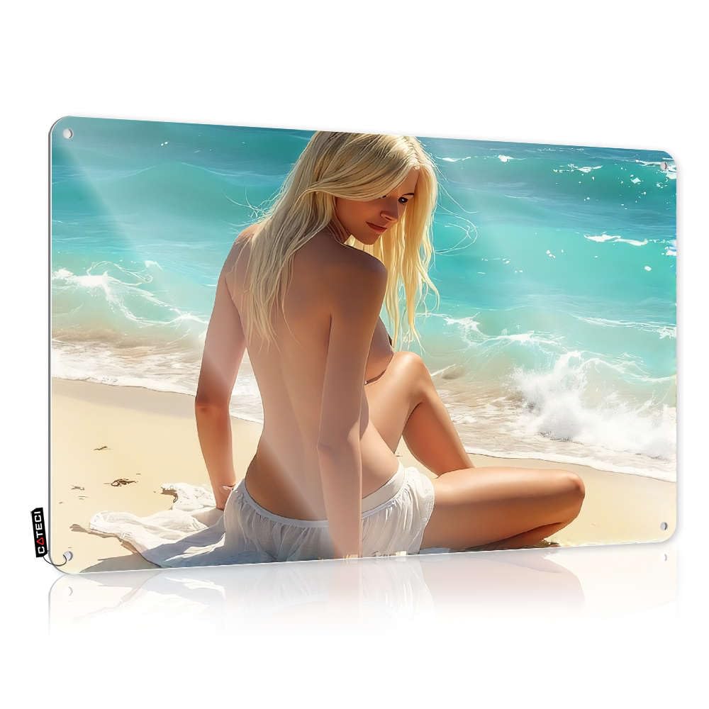 Tinsign Signs Guard | A Woman In White Shorts Sits On The Beach With Waves Crashing Behind Her. Nice Shed Decoration(20X30CM)