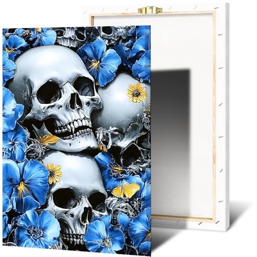The Skull Is Even Weirder Under The Blue Flowers Wall Art Can Be Placed In The Study, Living Room, Bedroom And Bathroom Framed Ready To Hang(Framed,16x24inch(40x60cm))