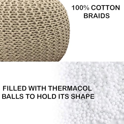 Image of Amazon Brand - Umi Round Hand Knitted Cotton Ottoman Puff Pouffe for Living Room, Cappuccino, 40x40x30 cm, Pack of 1