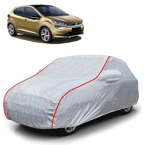 Image of Sulfar 100% Waterproof Car Body Cover Compatible with Mirror for Tata Altroz (Triple Stitched, Full Bottom Elastic, Magic Silver with Red Piping)