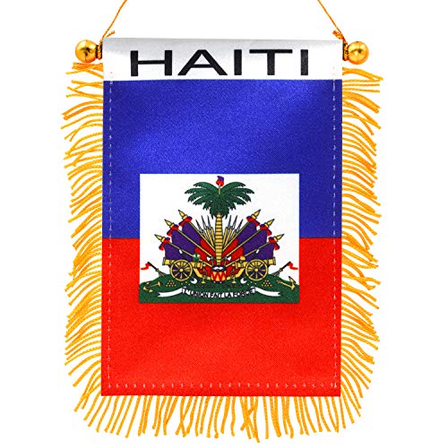 Drapeau à suspendre de fenêtre Haïti 4 X 6 pouces Anley - Rétroviseur et double face - Mini bannière haïtienne à franges avec ventouse