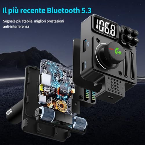 Gizmovine Adattatore Bluetooth Auto, Trasmettitore Fm, Supporto Pd 30W/Vivavoce/Ruotabile A 180°/Sintonizzatore Musicale Con Bassi E Tre - 6