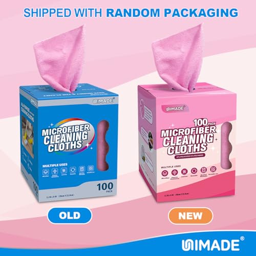 Image of UNIMADE Microfiber Cleaning Cloth, 100 Sheets Microfiber Towels for Cars | Commercial Grade Washcloths Lint-Free Bulk Shop Towel Cleaning Rags for Restaurant Garage Housekeeping,11 inchx 9 inch, Pink