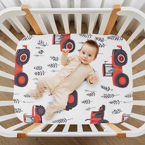 Image of Farm Tractor Red Crib Sheets Soft Breathable Fitted Baby Crib Sheets Mattress Cover for Girls Boys, 52 inch x 28 inch x 9 inch