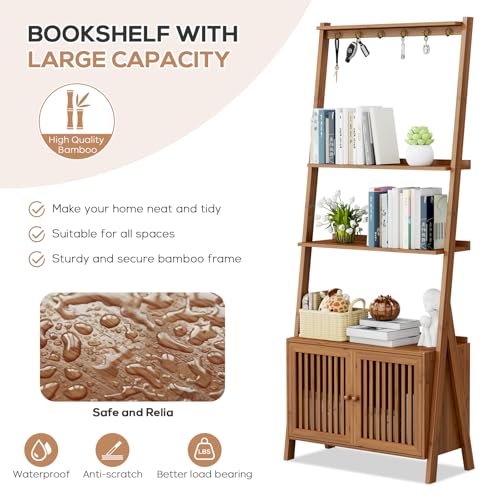 Image of Bookcase with Drawers, 4-Tier Bamboo Bookshelf Ladder Shelf with 6 Hooks, Tall Narrow Retro Book Shelf, 24.8 inchL x 10.6 inchW x 59.5 inchH, Standing Storage Organizer for Living Room, Office, Bedroom, Walnut