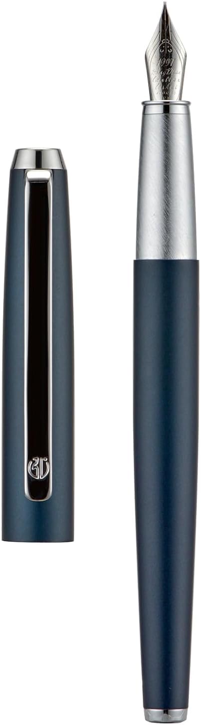 HongDian 525 Blue Metal Fountain Pen Bent Nib, Calligraphy Fude Pen 0.6mm with Converter and Metal Box Set