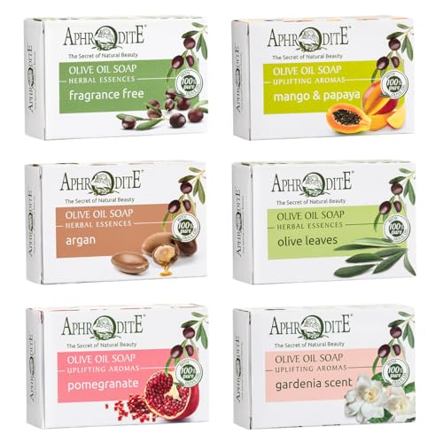 Aphrodite - Set de jabón de aceite de oliva (Mango & Papaya, Argan, Olive leaves, Pomegranate)