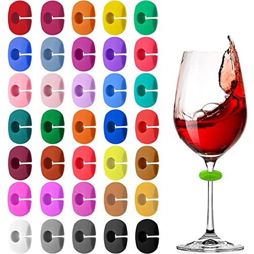 VICDUEKG Glasmarkierer Silicon, 36 Pcs Wiederverwendbarer Glas Markierung Getränke Markierer Buntes Glasmarker für Weinglas Champagnerglas Cocktailglas Martini-Glas Trinkglas, Party Bar Dekorationen Cover
