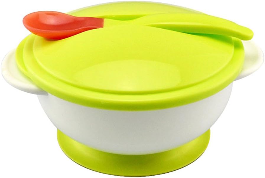 Amazemarket Unisex Baby Infant Toddler Non-slip Two-handed Binaural Suction Feeding Bowl Early Training Tableware Sucker Cover Handle Utensil Dinner With Lid and Spoon (green)