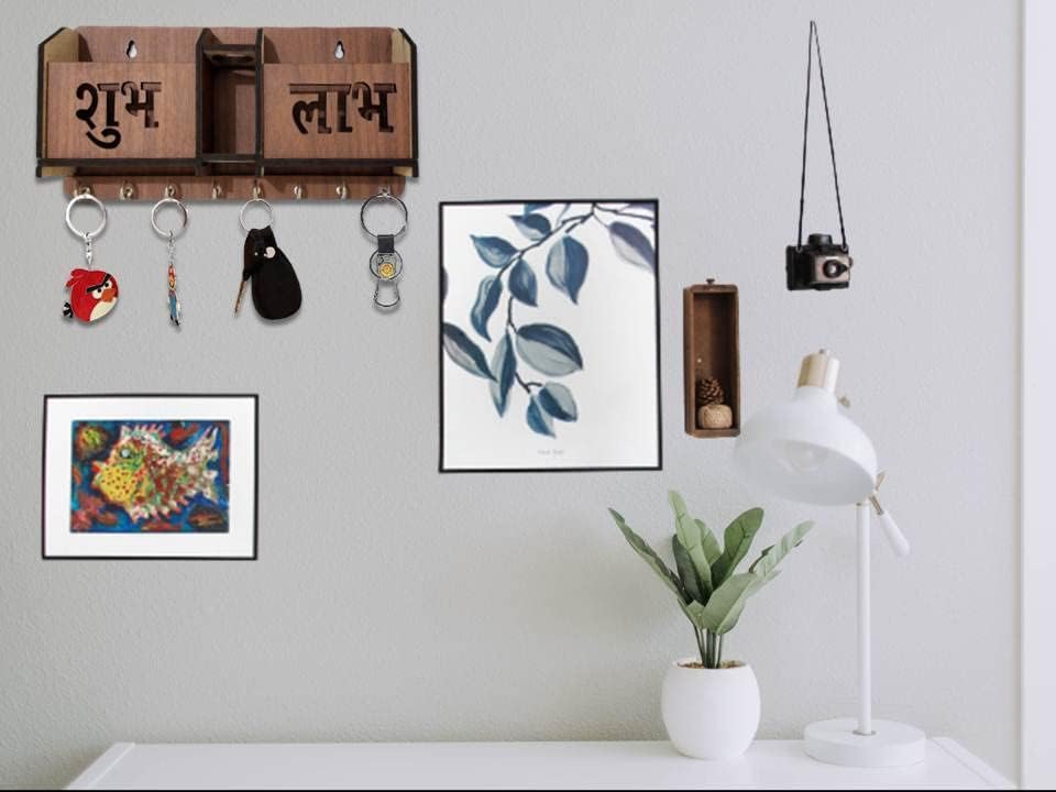 Image of Shubh Labh Key Holder Unique Designer 2 Pocket Pen and Mobile Stand Stainless Steel 8 Hooks Wooden Key Holder for Home, Key Stand for Wall, Key Organizer for Office, Hall Decoration
