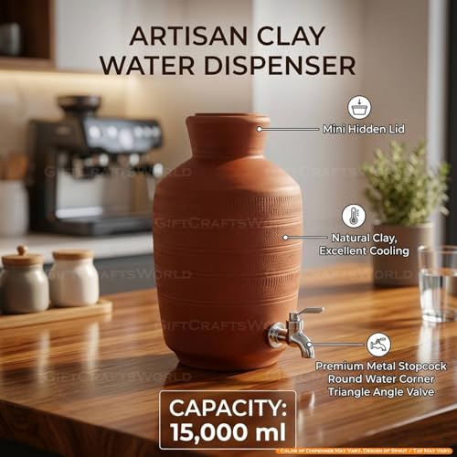 Image of Terracotta Clay Water Dispenser with Tap and Lid - Mitti Ka Ghada for Water Cooling, Eco Friendly Earthen Pot, Traditional Home Kitchen Drinkware Storage Container (15 Liters)