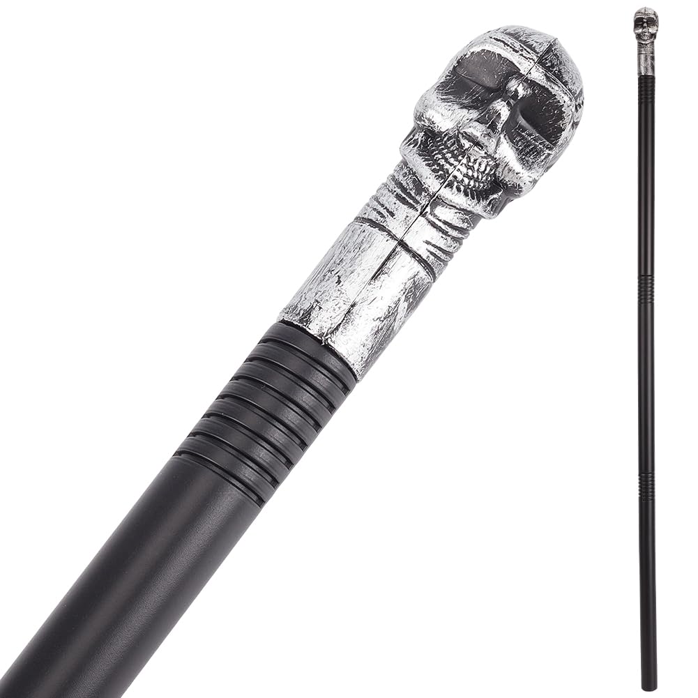 GORGECRAFT Vintage Walking Stick 116cm Long Halloween Cosplay Antique Cane Costume Cane Plastic Punk Prop with Light Grey Skull Top Handle Knob Pretend Play Royalty Scepter Wand for Themed Events