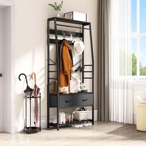 YITAHOME Garderobenständer, 6-in-1-Garderobenregal mit 2 Schubladen, Standgarderobe mit Schuhablage, Kleiderstange aus Holz und Metall mit 8 Haken, für Flur Wohnzimmer Schlafzimmer, Schwarz YITAHOME Garderobenständer, 6-in-1-Garderobenregal mit 2 Schubladen, Standgarderobe mit Schuhablage, Kleiderstange aus Holz und Metall mit 8 Haken, für Flur Wohnzimmer Schlafzimmer, Schwarz