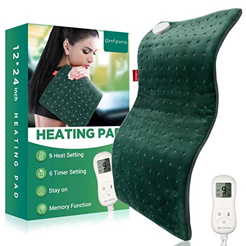 Comfytemp Heating Pad for Cramps, Upgraded Large Electric Heat Pad with 9 Heat Setting, Stay On, 5 Auto-Off, Ultra-Soft, Moist Heated Pad for Back Pain, Neck and Shoulder, 12 x 24 Inch - Washable