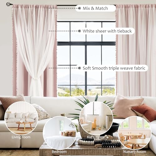 Image of Pink Blackout Curtains with Sheer Overlay for Bedroom, Mix & Match Double Layer Pom Pom Curtains for Girl Nursery, Living Room, Rod Pocket Thermal Insulated Window Panels with Tiebacks 52W X 84L, 2pcs