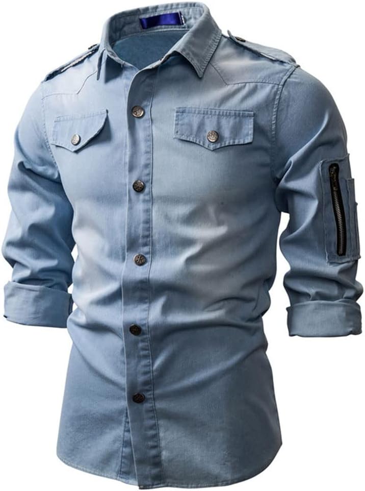 Men Long Sleeved Jeans Shirt Autumn Casual Slim Retro Denim Tops Coat