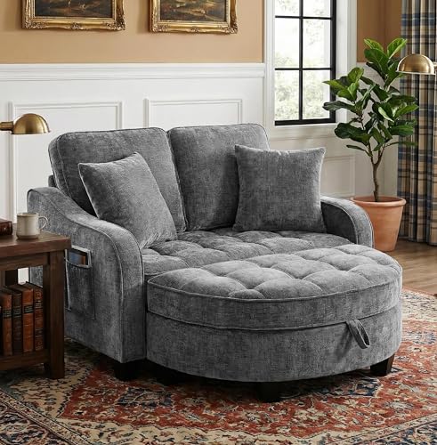 Olodumare Round Chaise Lounge Chair with Storage Ottoman, Oversized Bubble Chair and a Half Featuring Adjustable Backrest, Plush Reading Accent Chair and Ottoman Set for Bedroom, Silver Grey