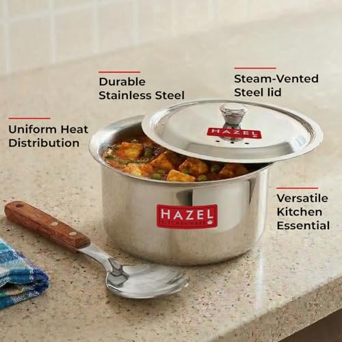 Image of HAZEL Stainless Steel Patila with Lid Cooking Vessel, 800ml | Mirror Finish Cooking Pot | Durable Induction & Gas Compatible Bhagona /Tope for Boiling Milk, Tea, and Cooking | Silver