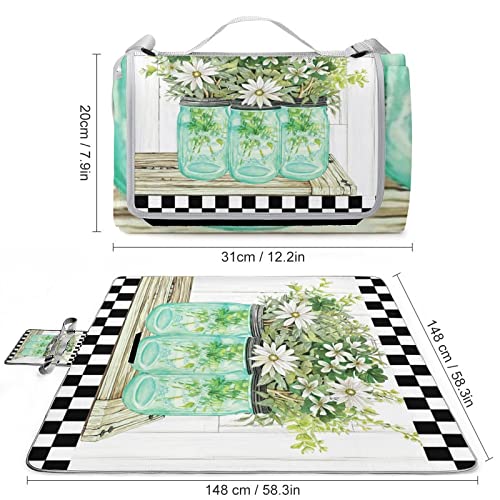 Abstract Floral Daisy Soft Waterproof Folding Picnic Blanket Rustic Daisy Black and White Plaid Design for Outdoor Picnics, Beach, Camping 58.3x58.3 Inch