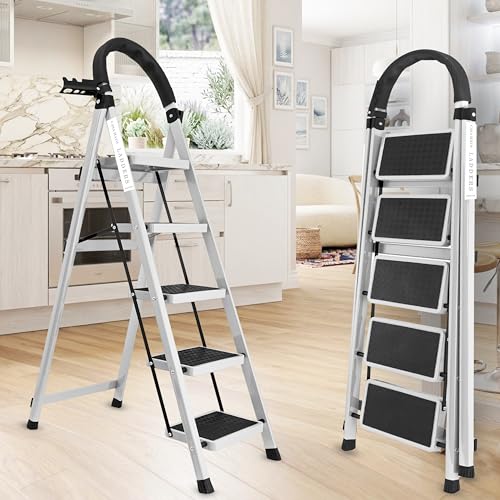 Image of White 5 Step Ladder for Home Use with Built-in Tool Tray | Heavy Duty D Shape Rods | Ultra Large Platform | Wide Rubber Feet | 150Kg Capacity Foldable Ladder - 7 Years Warranty
