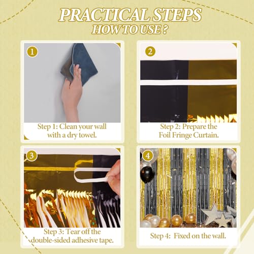 Image of DECOCKRAT 3 Pack Foil Fringe Backdrop - Black&Gold Shiny Tinsel Curtains for Party Decoration /Photo Booth Props - 3.3x8.2 FT Metallic Foil Backdrop for Birthday, Wedding, Graduation, Christmas.