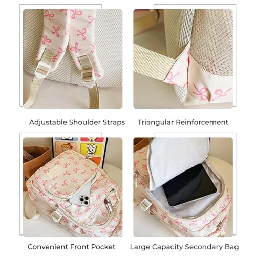 Coquette Bow Backpack-Laptop Backpack Cute Kawaii Backpack Set Nylon Aesthetic Daypack Bow Rucksack for Women,White Pink3