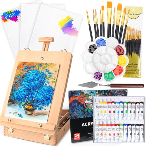 ATPWONZ 40 Pièces Chevalets de Peinture pour Adultes Artistes et Débutants, Chevalet de Table en Bois avec 24 Peintures Acryliques, 3 Toiles et 10 Pinceaux, Palette, Kit de Peinture Professionnel