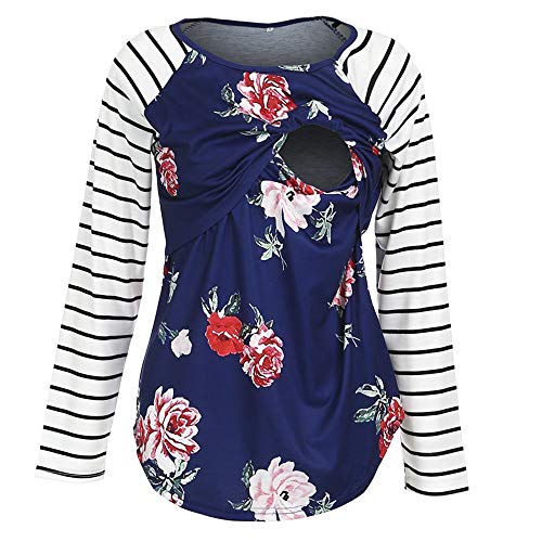 Women's Nursing Tops Breastfeeding Shirt Long Sleeves Casual Nursing Clothes (Blue, L) #TOP12
