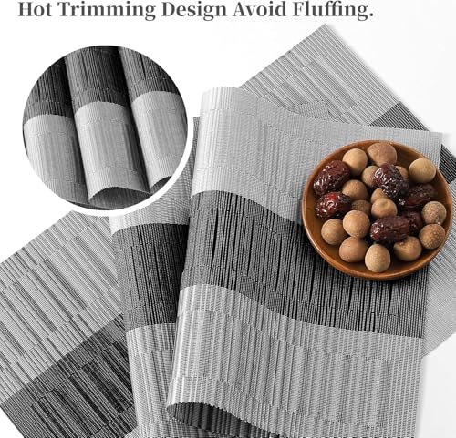 Image of Placemats Set of 6 Dining Table Place Mats | Placemats Table Mat PVC Material | Non-Slip Heat Resistant | Dining Tablemates Washable Anti-Skid | Size 45 x 30cm (Grey Black Stripe)