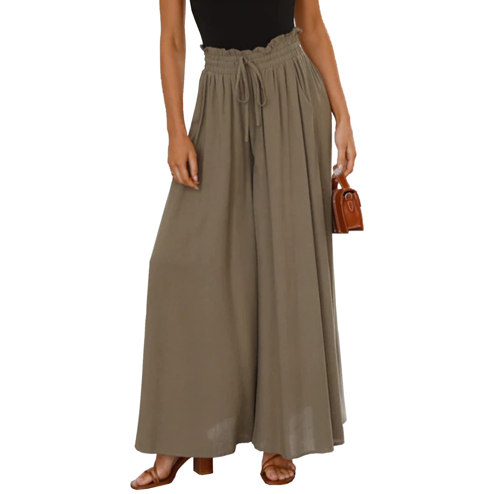 Womens Drawstring Palazzo Wide Leg Pants High Waisted Casual Loose Trousers with Pockets
