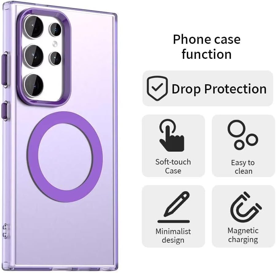 Image of Elzzi Magnetic Case for Samsung Galaxy S25 Ultra 5G Cover [Compatible with MagSafe] Slim Fit Shockproof Translucent Matte Hard Back Phone Cover with Protective Bumper for Men & Women (Purple)