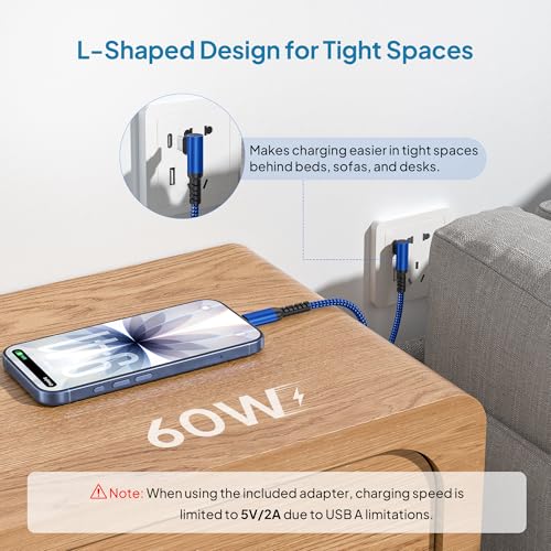 Image of Elebase for iPhone 16e Car Charger Cable 6.6FT with USB Adapter,Right Angle 90 Degree Power Delivery Fast Charging Cord Line for iPhone 17 16 15 Pro Max Air,AirPods 4 Pro 3,Google Pixel 9,iPad 10th 11