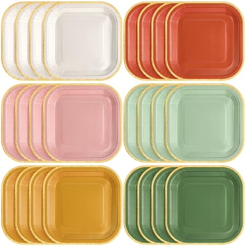 Tiangrid 60 Pcs Boho Colorful Paper Plates 7 Inch Gradient Disposable Square Dessert Party Plates with Gold Edge for Birthday Wedding Bridal Baby Shower Party Supplies, 6 Colors