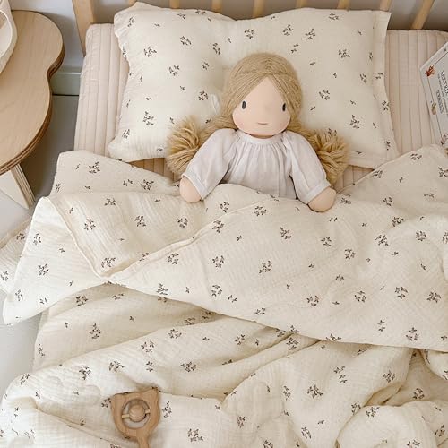 BuLuTu Pink Flower Toddler Blanket Double Layers Cotton Muslin Quilted Blanket Toddler Girls Boys Comforter (No Pillow) Kids Room Decor, Primrose Pattern, 47