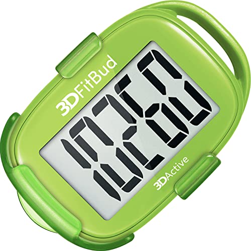 3DFitBud Simple Step Counter Walking 3D Pedometer By 3DActive with Clip Lanyard Accurate Step Tracker Large Display Easy to Use for Kids Men Women Adults Seniors - A420S - Green_