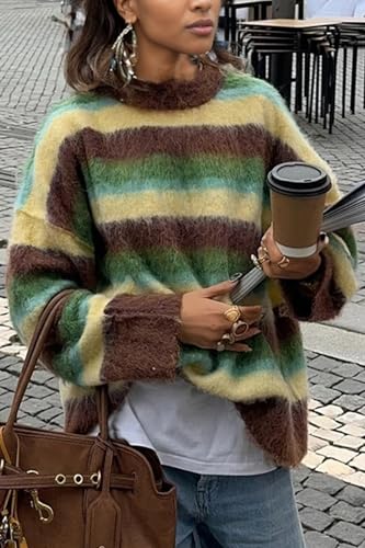 Vakkest Women's Striped Pullover Sweater Long Sleeve Crewneck Cute Color Block Fall Cozy Fuzzy Knitted Loose Tops3