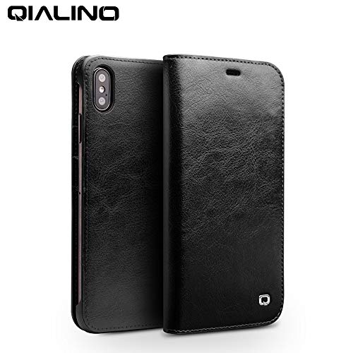 iPhone Xs MAX Case, QIALINO Slim Flip Genuine Leather Protective Cover iPhone Xs MAX Wallet Case with Card Holder - Black