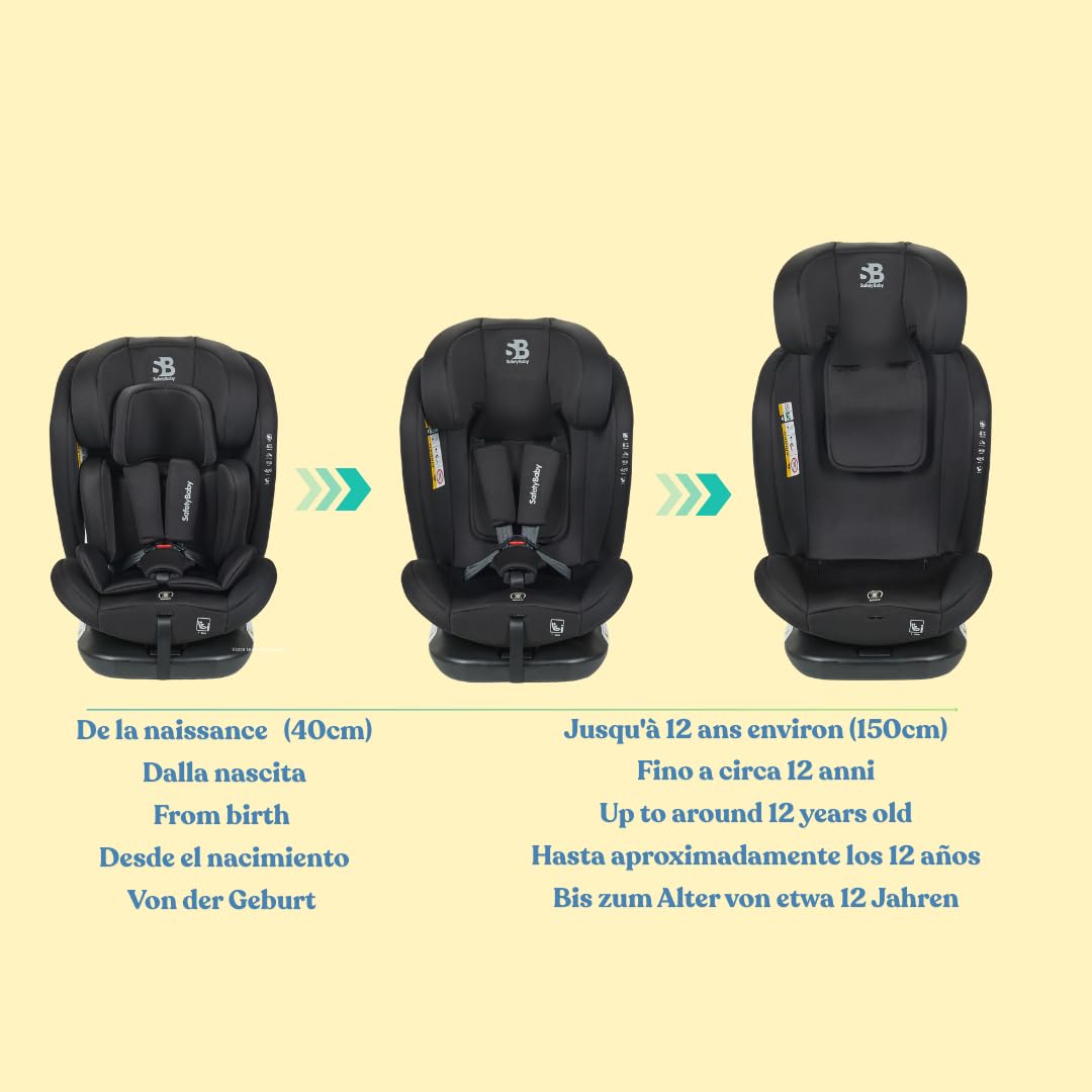Safety Baby - Seggiolino auto Xenon Isofix girevole a 360° I-Size 40-150 cm, evolutivo dalla nascita fino a 12 anni circa, gruppo 0-1-2-3, attacchi isofix - Protezioni laterali
