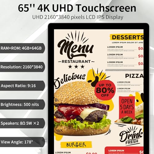 Image of 65 Inch Capacitive Touchscreen Digital Signage, 4K UHD Indoor Floor Standing Advertising Display Commercial LCD Monitor Interactive Kiosk with USB /HDMI-in, Android 11 (4+64GB)