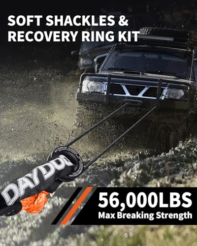 Image of DAYDOOR 56,000 LBS Soft Shackle Recovery Kit, 1 /2 inch x 22 inch (2-Pack) with 7075 Aluminum Snatch Ring, Winch Accessory for Jeep Wrangler, Bronco, 4Runner, Tacoma, ATV /UTV /Jeeps /SUVs, 4x4 Off-Road(Orange)