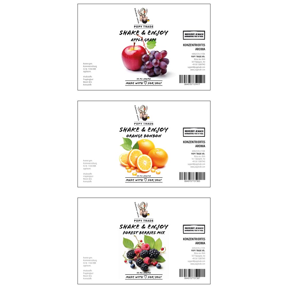 POPY TRADE - Shake & Enjoy Zestaw 3 bestsellerów nr 5 - Wysoko skoncentrowany aromat 3 x 10ml w butelce z dozownikiem, do żywności, napojów, rozpylaczy, wytwornic mgły