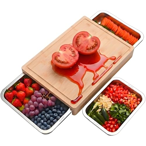 MinteLiv Bambus-Schneidebrett mit Edelstahl-Auffangschale 40x28 5 cm 6 8 cm hoch Rutschsicher mit Gummifüßen&Saftrille 3-teiligem Snackschalen-Set Hygienisch&Umweltfreundlich Küchen-Holzoptik
