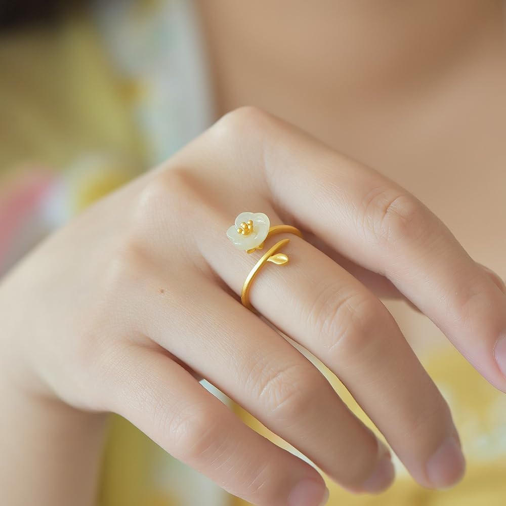 S925 Silver-Inlaid Natural White Jade Plum Blossom Ring with Adjustable Opening and Including Certificate