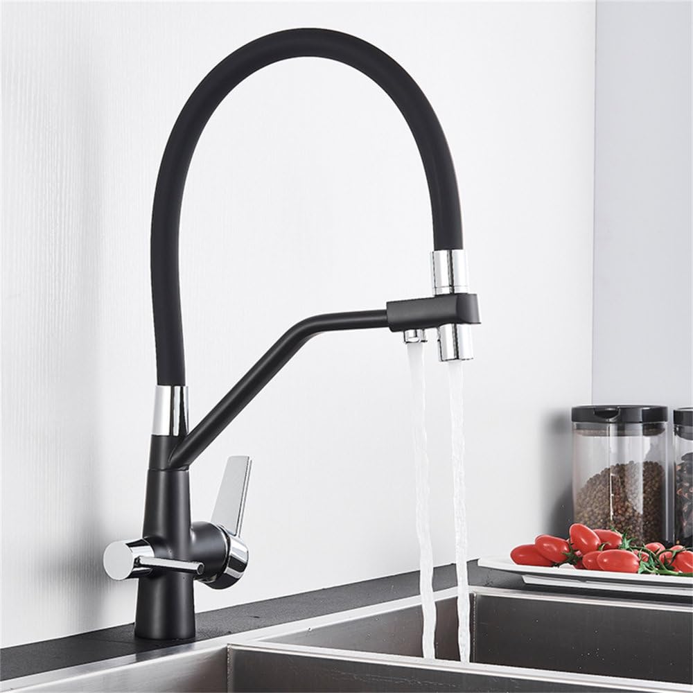 MXXQRHF Kitchen Faucet Pure Water Sink Faucet Double Outlet 360 ° Rotate Faucet with Filtered Water Hot Cold Water Drinking Water Mixer,Balck Chrome