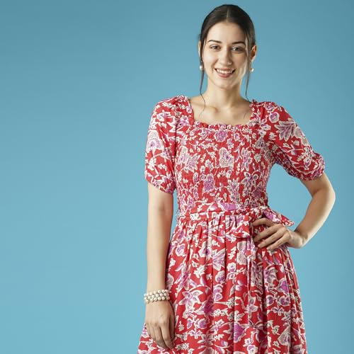 Image of Globus Women Teal Floral Print Smocked Square Neck Casual Fit and Flare Midi Belted Dress-3638174002