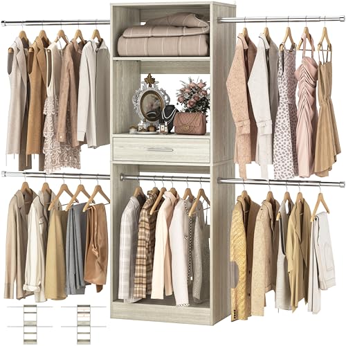 Cyclysio - Closet System, 8FT Closet Organizer with Wooden Drawers, Closet Organizer System with Hanging Rods, Walk-in Closets Wardrobe Clothes Rack, Garment Rack, Oak