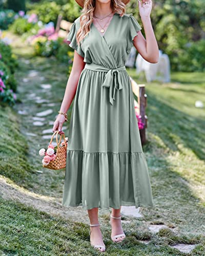 Image of BTFBM Women Summer Bohemian Floral Casual Wrap V Neck Ruffle Cap Sleeveless Belt A-Line Pleated Hem Midi Sun Dress White