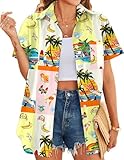 HOTOUCH Funny Hawaii Shirt Women Casual Floral Print Tshirt Short Sleeve Soft Cool Button Down Blouse Vacation Tops