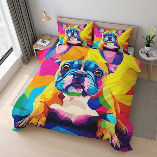 French Bulldog King Size Duvet Cover Sets, Graffiti Cute Puppy Bedding Set 3 Piece Soft Microfiber Quilt Cover Reversible Duvet Cover Sets with 2 Pillows Zipper Closure K&2